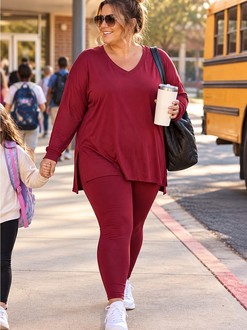 Women's Plus V-Neck Top & Legging Set in Burgundy